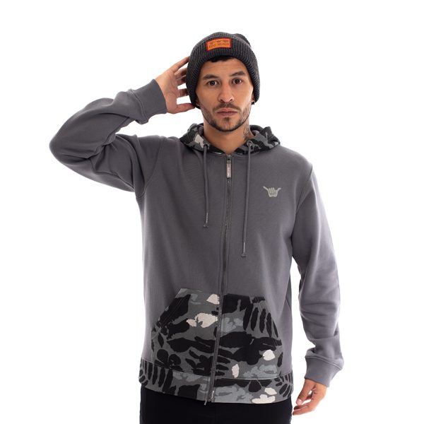 Polerón con cierre hasta el gorro hombre y camuflaje gris hang loose